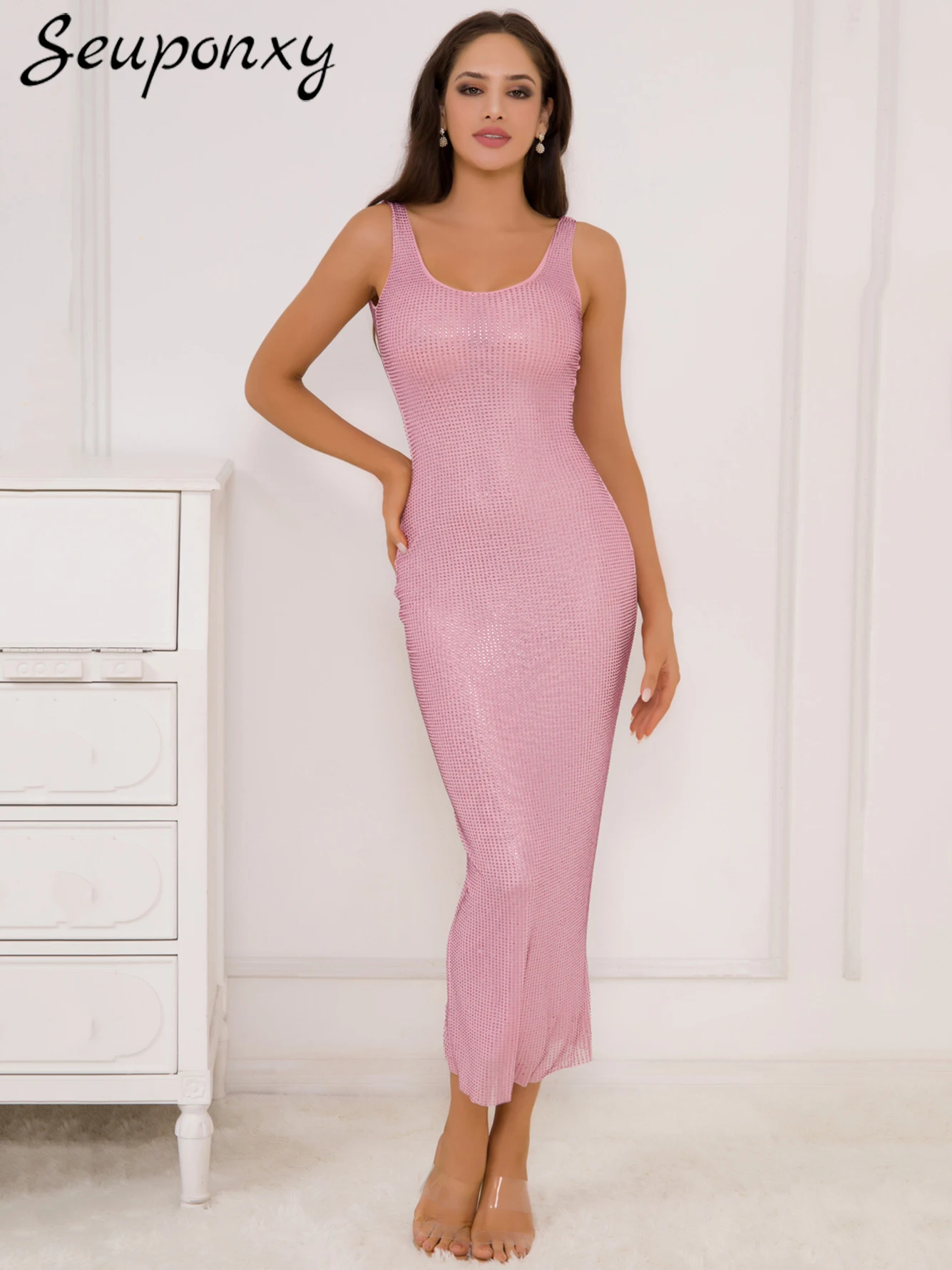 

High Quality Women's Sexy Sleeveless O-Neck Mesh Luxury Hot Diamond Pink Long Dress Elegant Evening Club Party Dress Vestidos