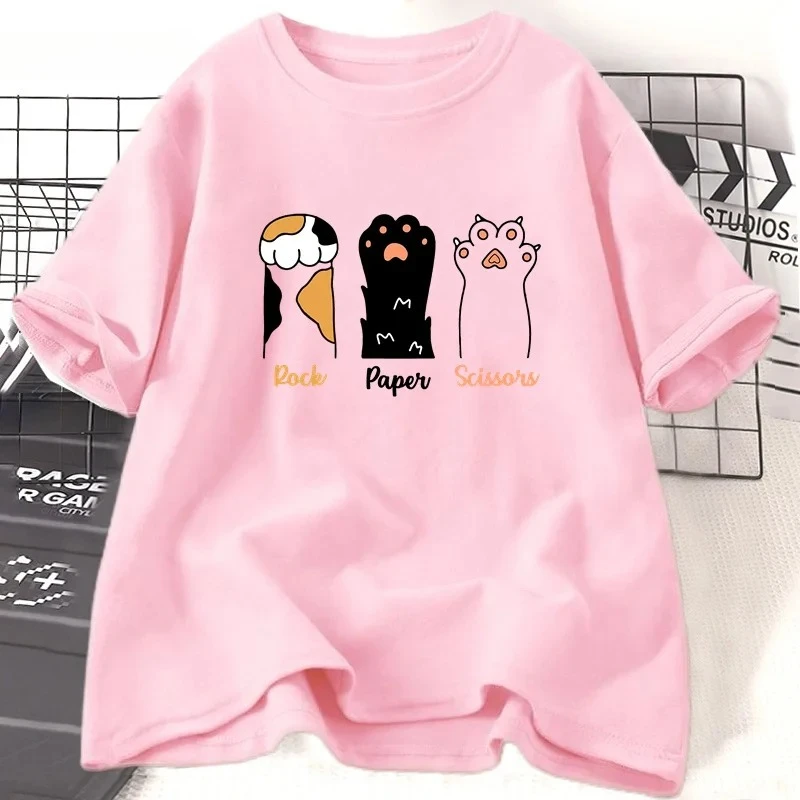 Rock Paper Scissors T Shirt Funny Cat Paw Print T-Shirt Summer Cat Lover Tshirt Women Short Sleeve Tee Shirt Clothing Graphic