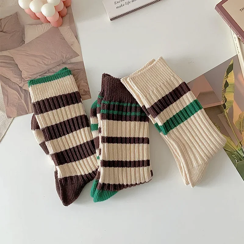 

양말 уличный стиль, зеленые полосатые носки до середины икры с высокой талией для мужчин и женщин, весенне-осенние хлопковые носки для пар, корейские Calcetines