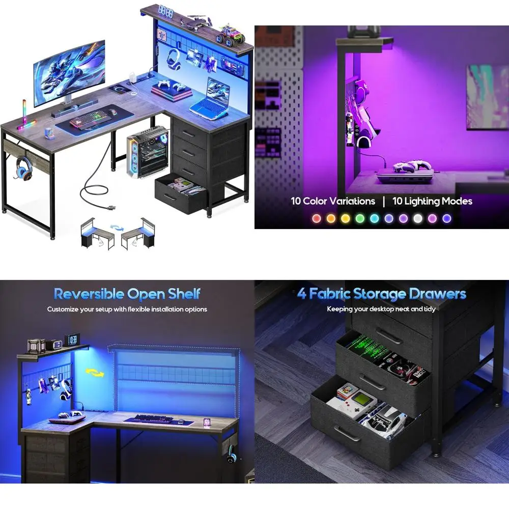 

Oak Grey 43 L-Shaped Desk with LED Light, Shelf, 4 Drawers and Hutch for Home Office