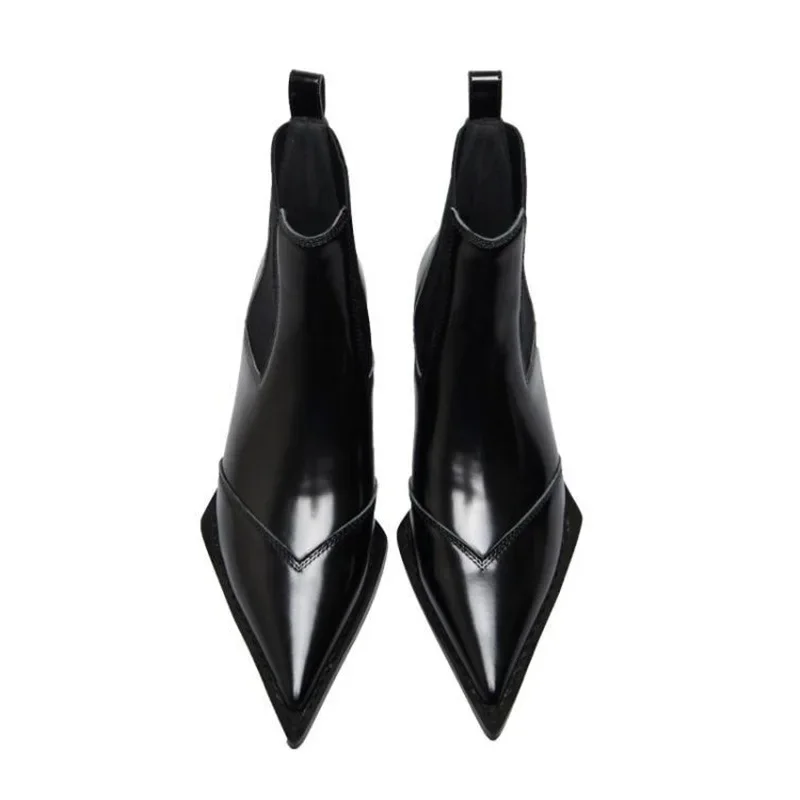 2024 Fashionable patent leather pointed Chelsea boots flat bottomed short boots English style bare boots,  boots for women