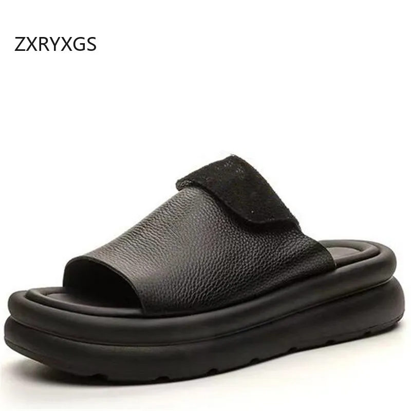 

ZXRYXGS Top Cowhide Thick Soled Increase Shoes Woman Real Leather Slippers 2024 Summer Fish Mouth Fashion Slippers Roman Sandals