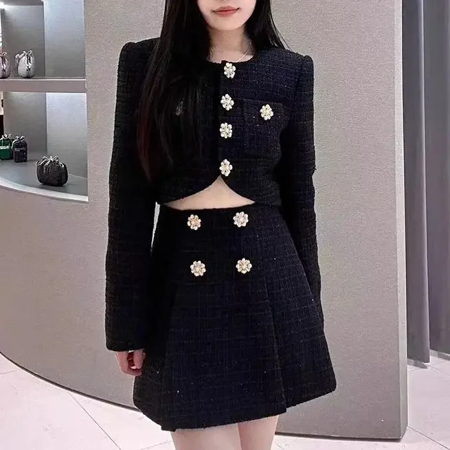 

Women Black diamond button tweed set long sleeve short coat + high waist mini skirt