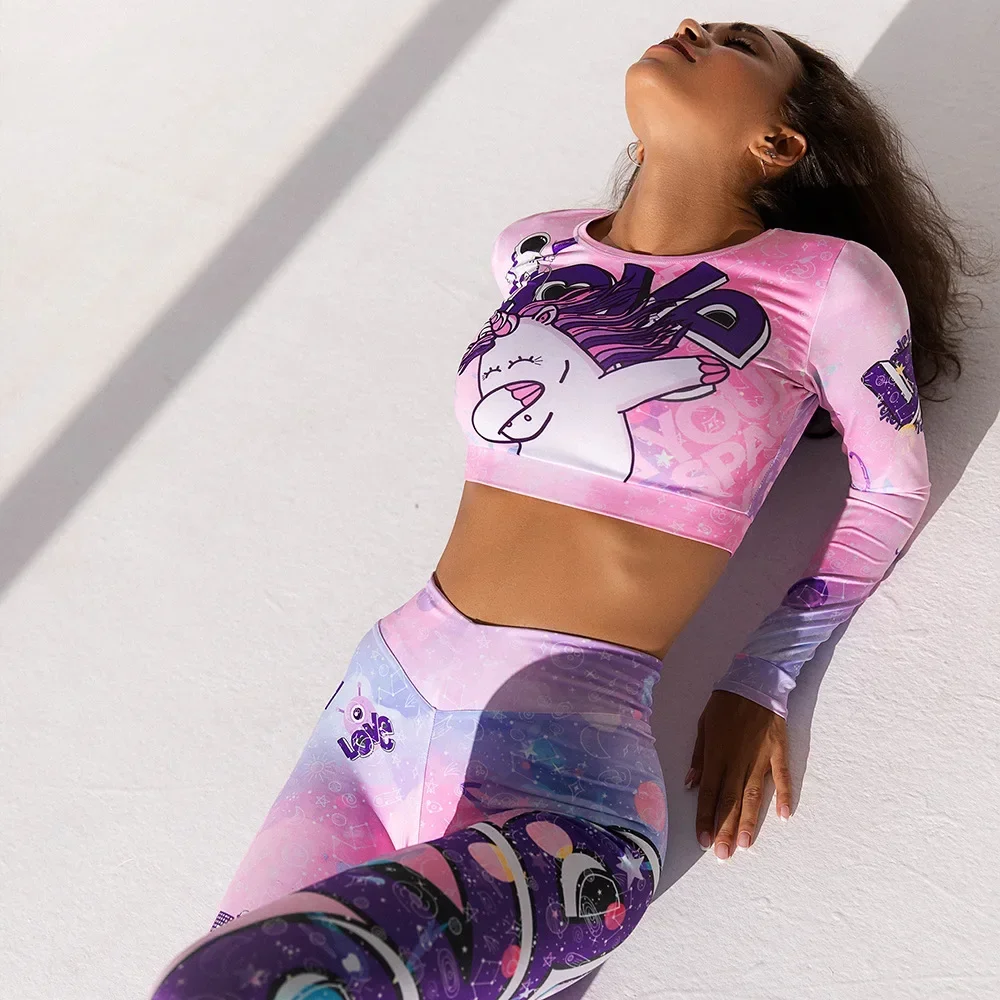 Sport Einhorn Druck Yoga Hüfte-hebe High-taille Leggings Set Gestaltung Gym Fitness Frauen Zwei Stück Kleidung Set laufen