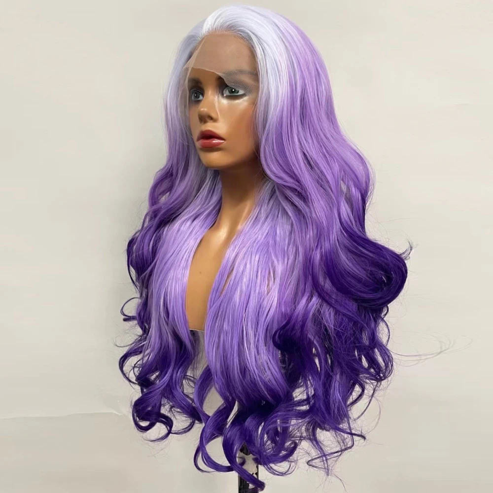 Synthetic Lace Front Breakdown Free Wigs For Women Long Wavy Purple Hair Daily/Cosplay Anime High Temperature Fiber