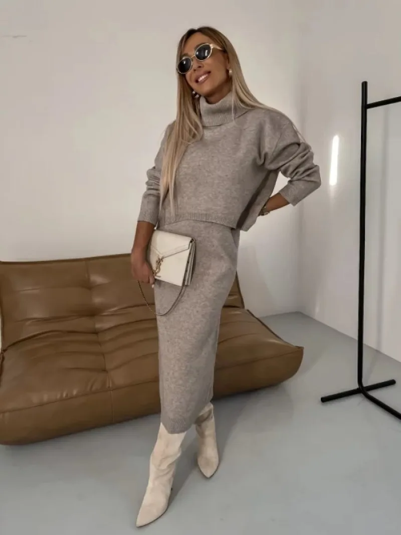Solid Color High Neck Knitted Buttocks Skirt Two-piece Sets Womens Autumn and Winter New Knitted Set for Women