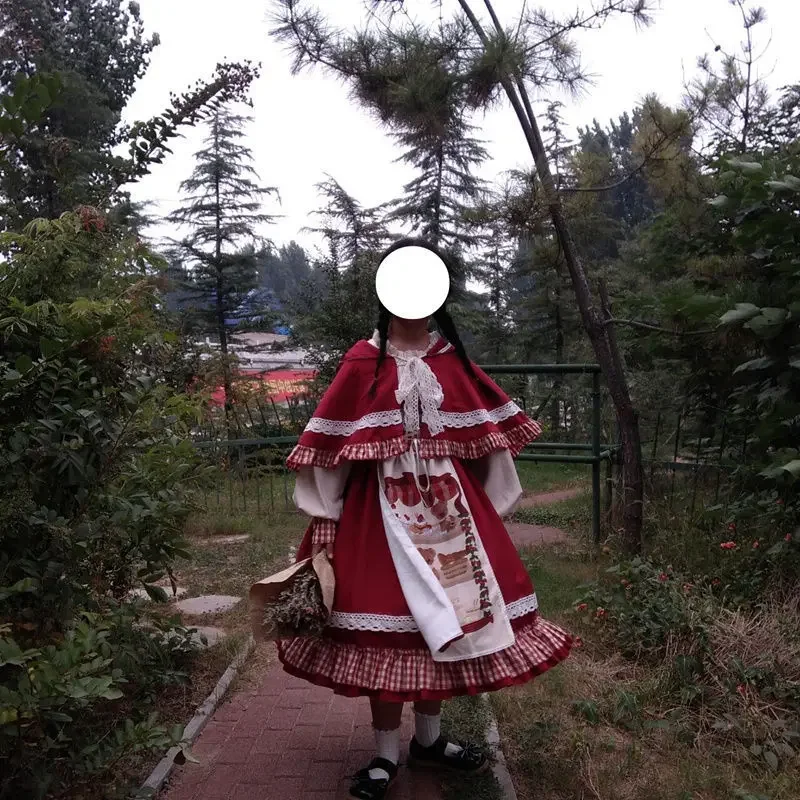 Vestido de Navidad Lolita Kawaii para mujer, vestido de manga larga abombada con volantes de encaje dulce de Año Nuevo 2023, vestido rojo de princesa a cuadros