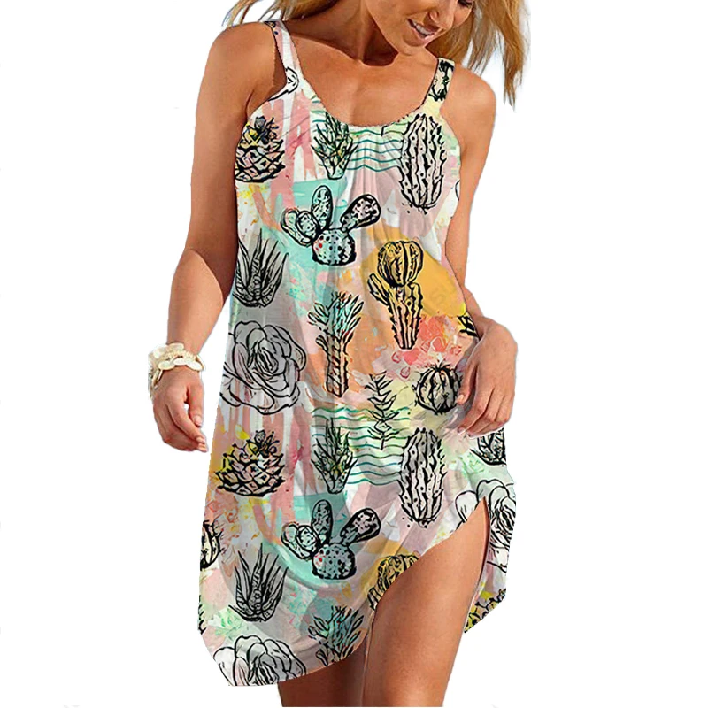 Summer New 3D Printed Flamingo Beach Dress Hawaiian Sexy Dress with Backstrap Sleeves Loose Casual Home Women\'s Clothing