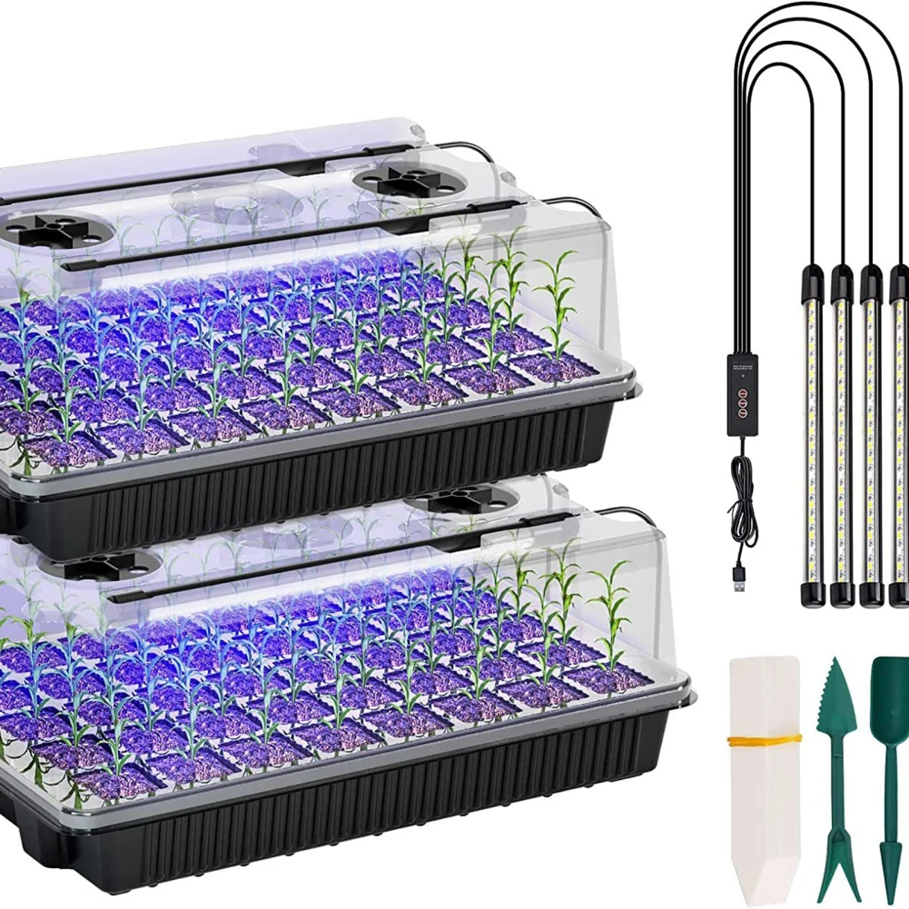 2pcs Starter Tray With Grow Light Humidity Dome 80 Cell Seed Starter Kit With Smart Timer Grow Light For Indoor Hydroponics