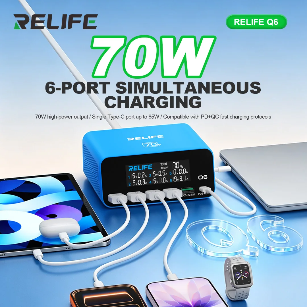 RELIFE Q6 70W Smart Multi-Port Charger Power Multiple Devices At The Same Time, Solving Charging Congestion Issues