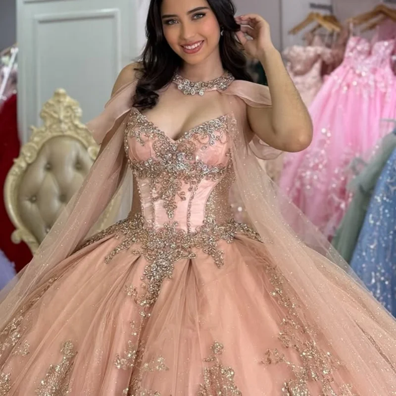 

Customized Shiny champagne Quinceanera Dresses Off the Shoulder sequin applique Lace layering Long tail Vestido 15 Quinceanera