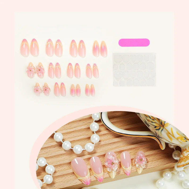 24pcs Ins 3D Flower Fake Nails Sweet Gradient Yellow Press on Nails Full Cover Wearable Hand-paint French Almond False Nail Tips