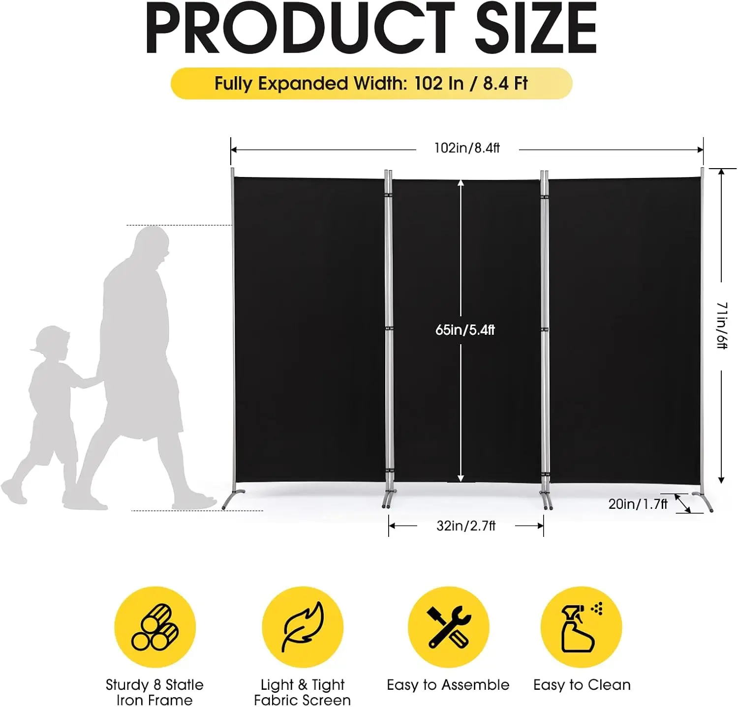 3 Panel Privacy Screen, 6 Ft Tall Folding Privacy Screen Room Dividers, Freestanding Room Partition Wall Dividers, 102''W x 20''D x 71''H, Black