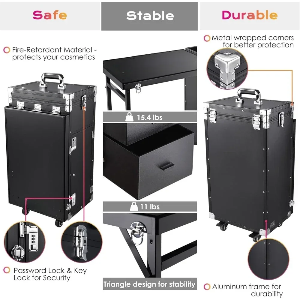 Table de manucure roulante avec bureau, mallette de maquillage, chariot à cosmétiques, rangement de voyage, évaluation avec 4 tiroirs de proximité, table à ongles pliable