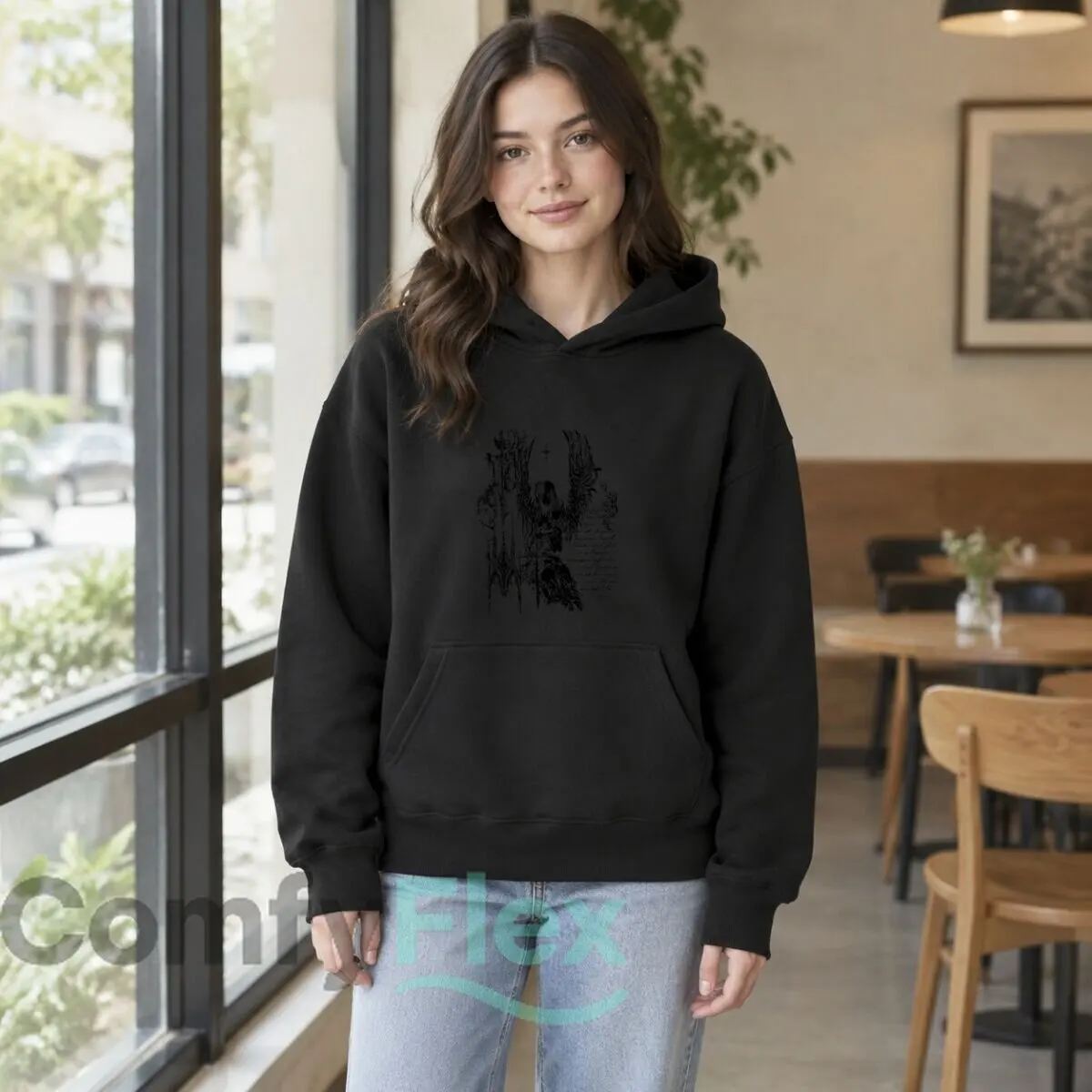 Gothic Winged Woman Cathedral Arches Handwritten Script Illustration Autumn and winter new men's and women's hooded sweatshirts