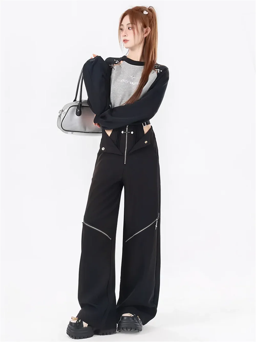 Y2k Summer Black Cargo Pants Women Casual Original Retro Multi Zip Pocket Two Wear Design Drawstring Casual Oversized Trousers