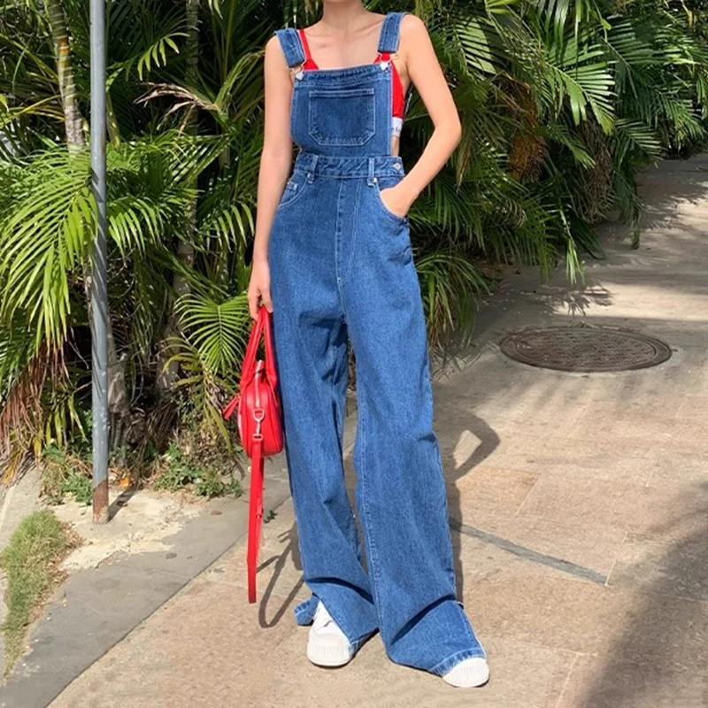 PBAP Vrouwen Denim Jumpsuit Solid Cleanfit Casual Losse Split Bib Pocket Verstelbare Bandjes Broek Algehele School Koreaanse Streetwear