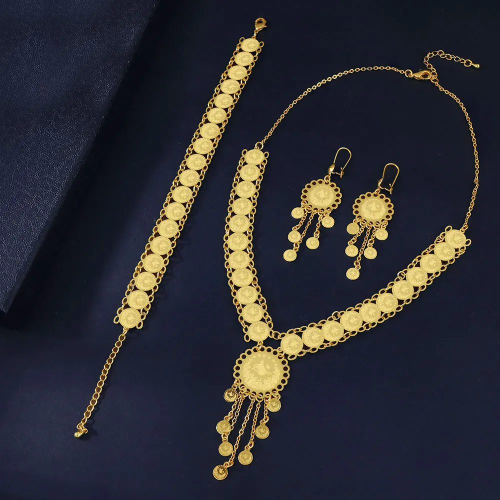 Arabische Hochzeit Gold Schmuckset 21k vergoldet türkische Münzen Anhänger Halskette Dubai Frauen Event Party Vintage Schmuck – Detail 10