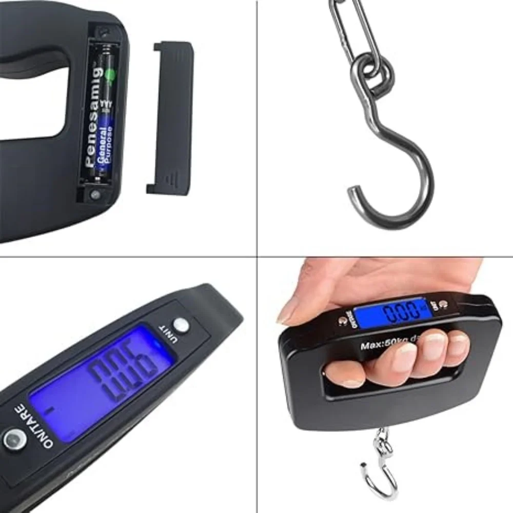 Báscula Digital Portátil de 50 kg y 10 g para Equipaje, Báscula de Viaje LCD, Báscula para Pescado, Báscula Electrónica Doméstica con Gancho para Colgar