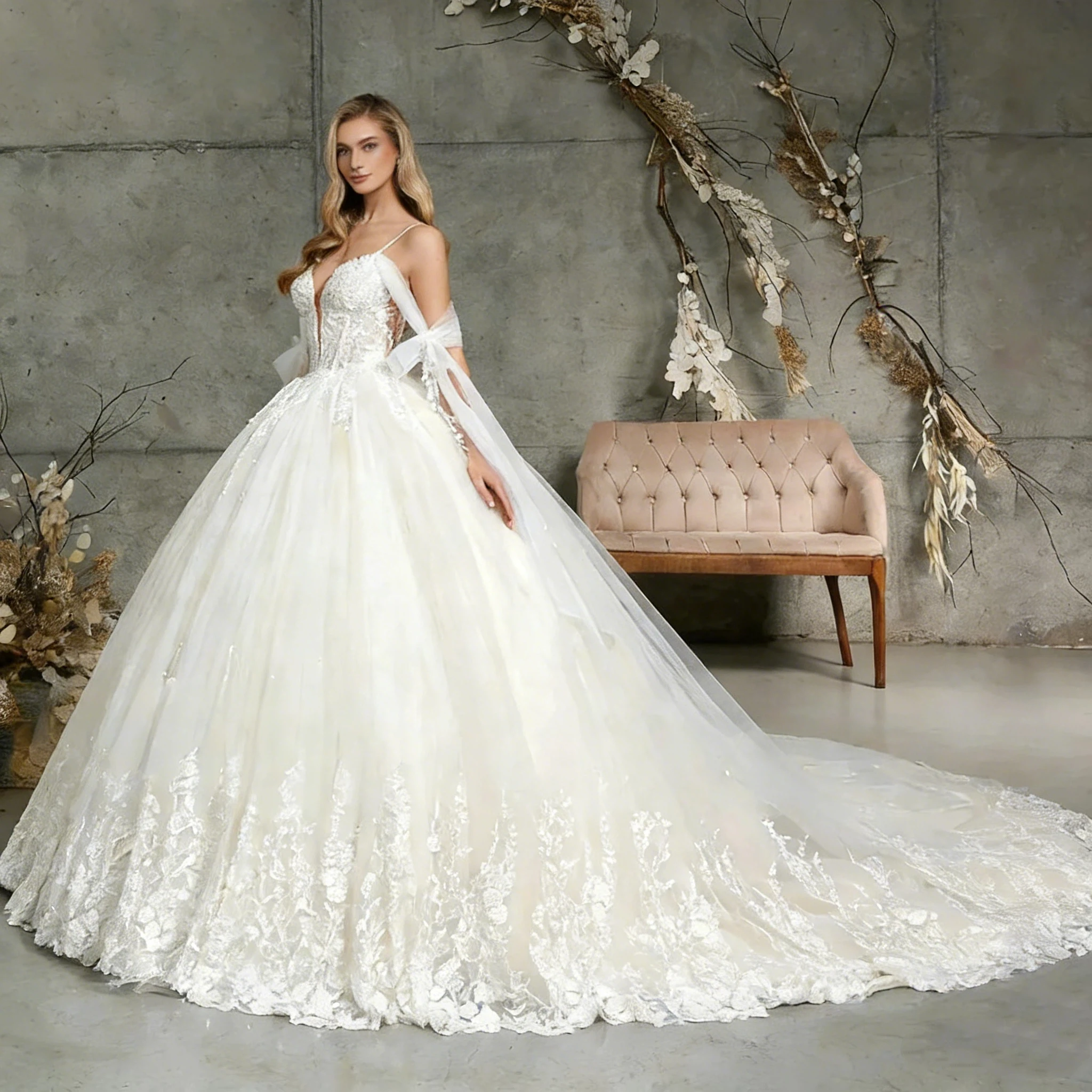 

Luxurious A-Line Chiffon Applique Women's Wedding Dress 2026 Sexy Deep V-Neck Thin Shoulder Strap Dance Bridal Gown Customized