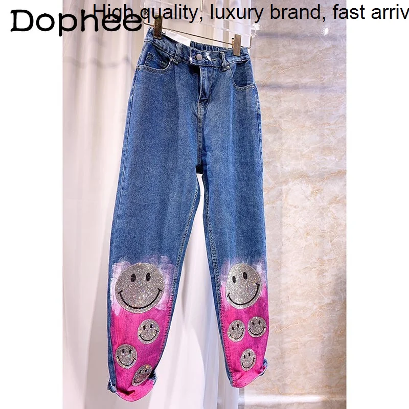 Drilling Cute Hot Cartoon Casual Color Printed Jeans for Women High Waist Slimming Straight Denim Pants 2023 Spring New Arrival