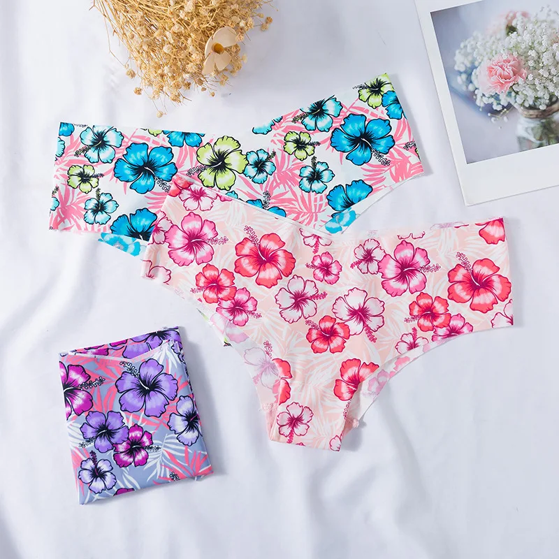 Breathable Floral Print Hipster Brief V Waist Soft Comfort Women Seamless Panties Ladies Underpants Underwear Intimates Chic