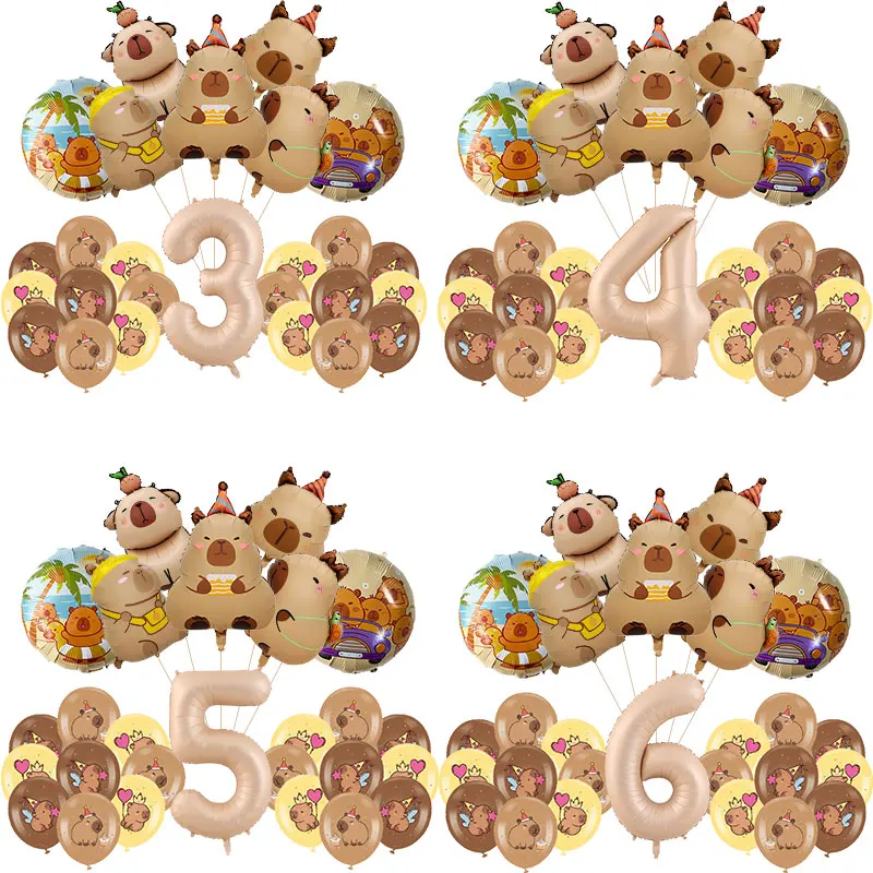 Ballons d'anniversaire Capybara mignons, 6 pièces, ensemble de ballons avec chiffres en Film d'aluminium, fournitures de décoration de fête d'anniversaire pour enfants