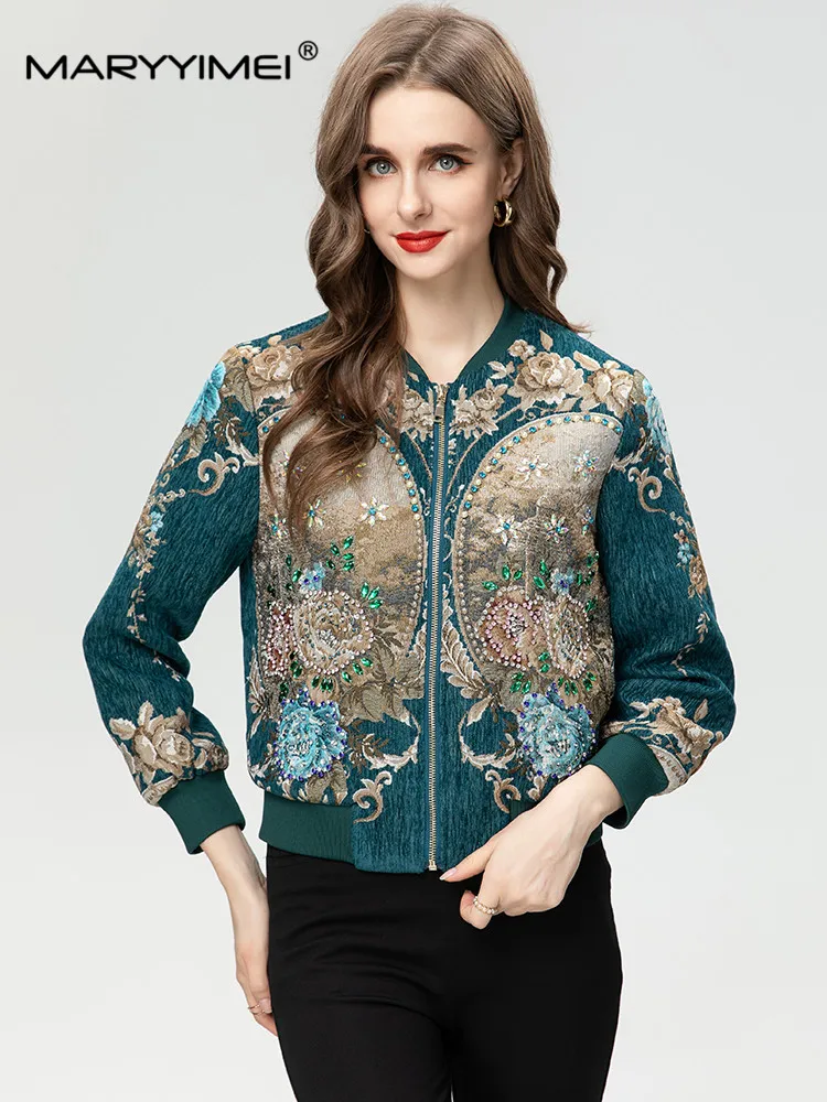 

MARYYIMEI Autumn Women's High quality Zipper Lake Blue jacket Flower Crystal Beading Jacquard Casual Streetwear Jacket coat