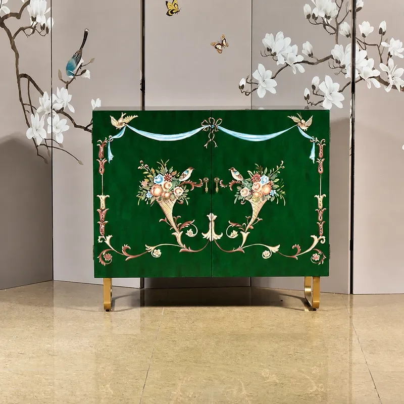 Retro Hand Painted Dining Side Cabinet Light Luxury Green Gold Entrance Storage Cabinet with Flower Bird Pattern