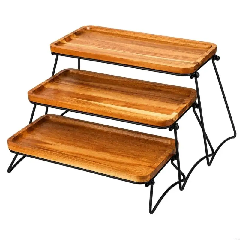 3 Level Tray Stand Pine Countertop Storage Rack with Open Raised Trays for Kitchen Display, Coffee Bar Use, 87HA