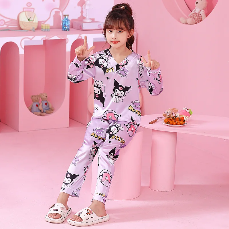 Cute Kuromi Children's Pajamas V-Neck Anime Summer Thin Ice Silk Cinnamoroll Melody Long Sleeve Pants Cartoon Boy Girls Homewear