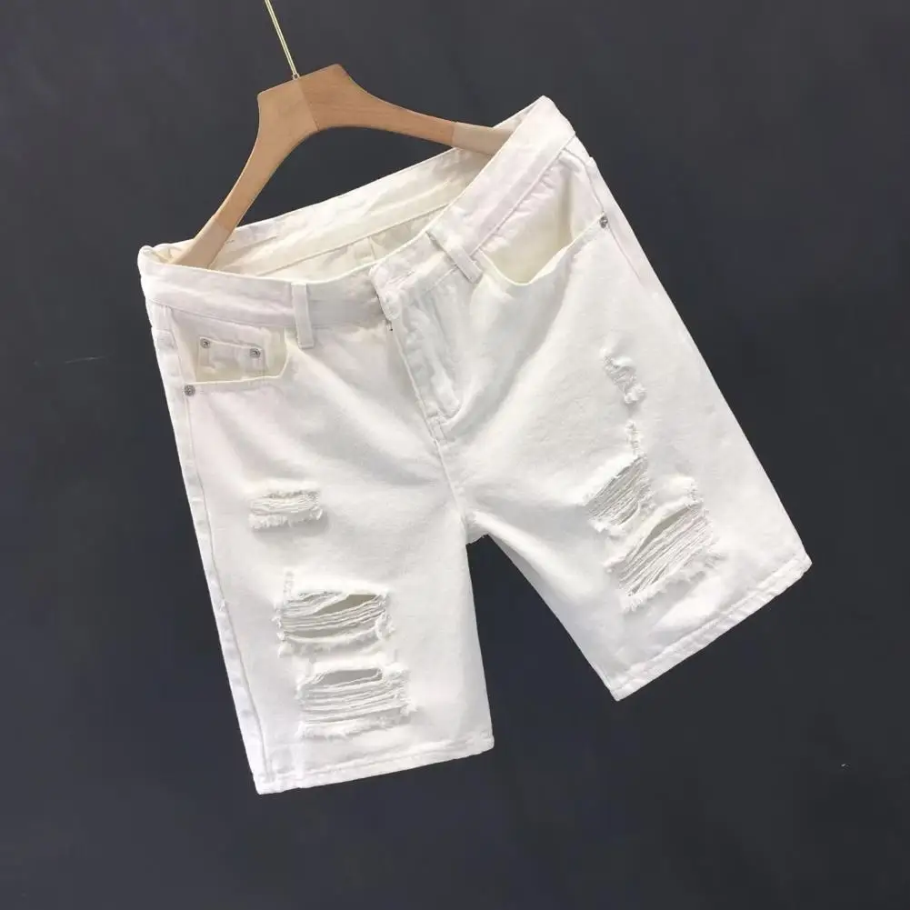 2024 New White Denim Shorts Men Ripped Knee Length Fashion Jeans Casual Ripped Hole Slim Male Short Pants Streetwear Shorts