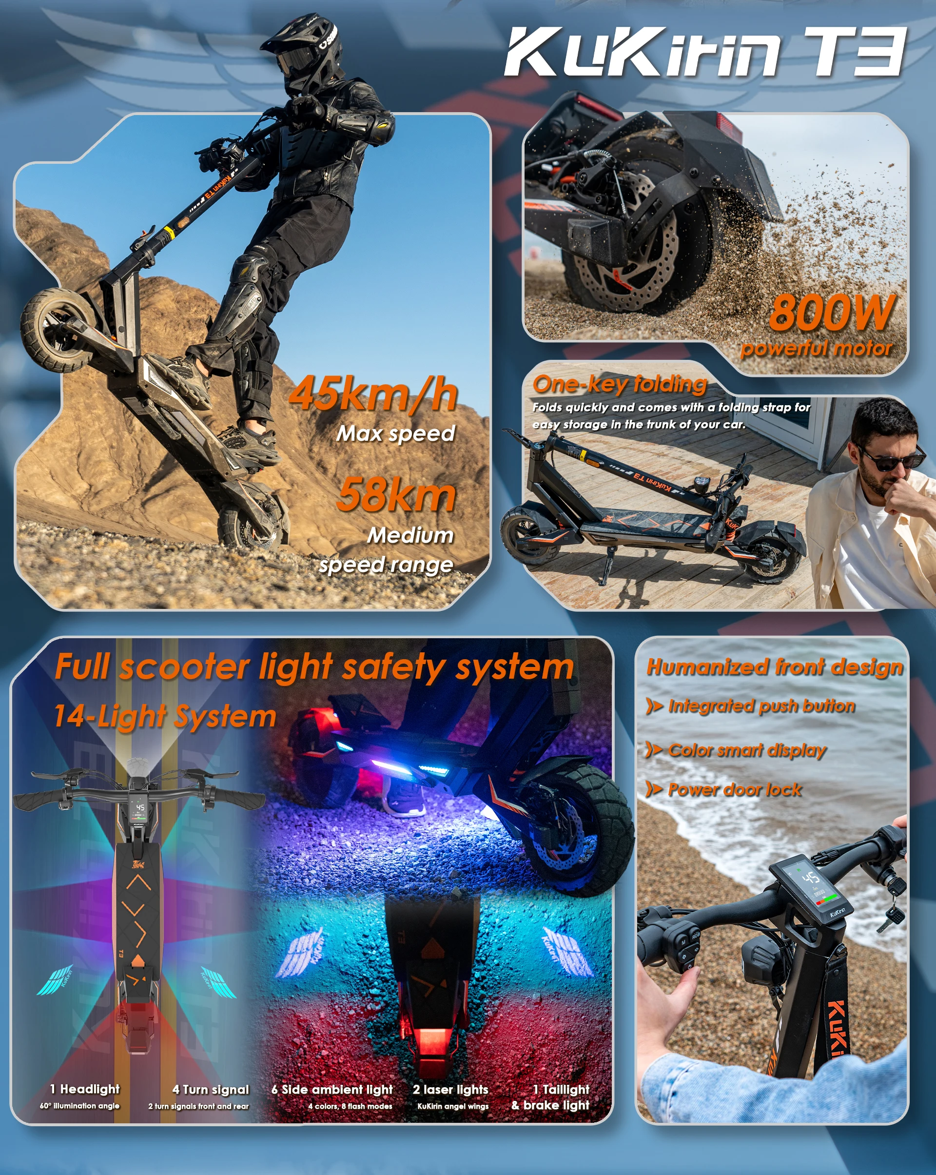 Kukirin T3 All-Terrain Foldable Electric Scooters 45 KM/H Speed 800W Motor 58KM Range 48V15.6Ah Battery 10 " Tires E-Scooter
