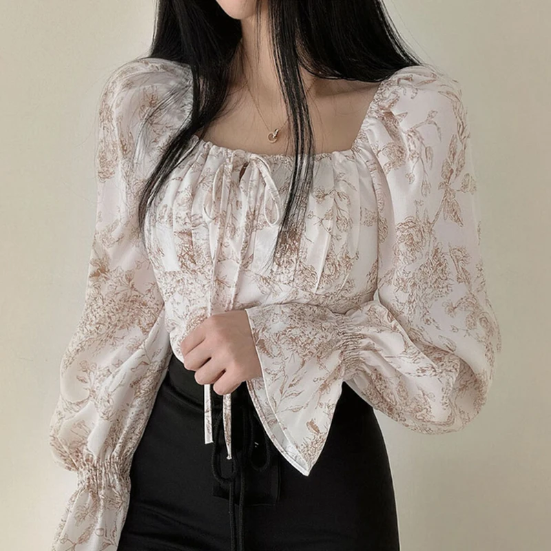 Matakawa Lace Up Print Women Shirts&blouses Puff Sleeve Spring Fall Sweet Blusas Mujer Korean Fashion Elegant Chic Camisas