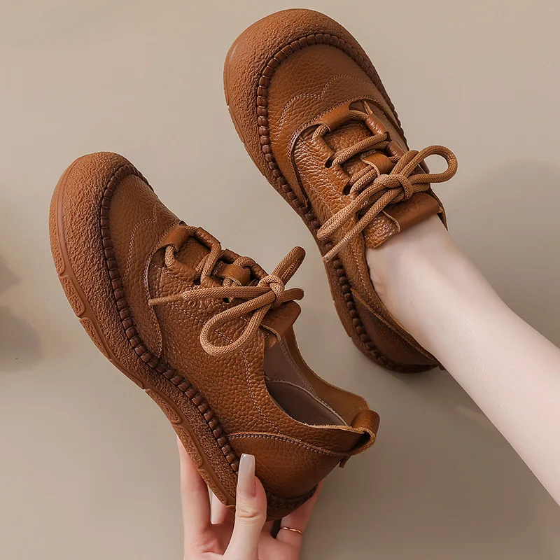 Feerldi Brand Oxford Sneakers Woman Retro Brown Flats Designer Casual Lace Up Moccasins Female Genuine Leather Driving Shoes