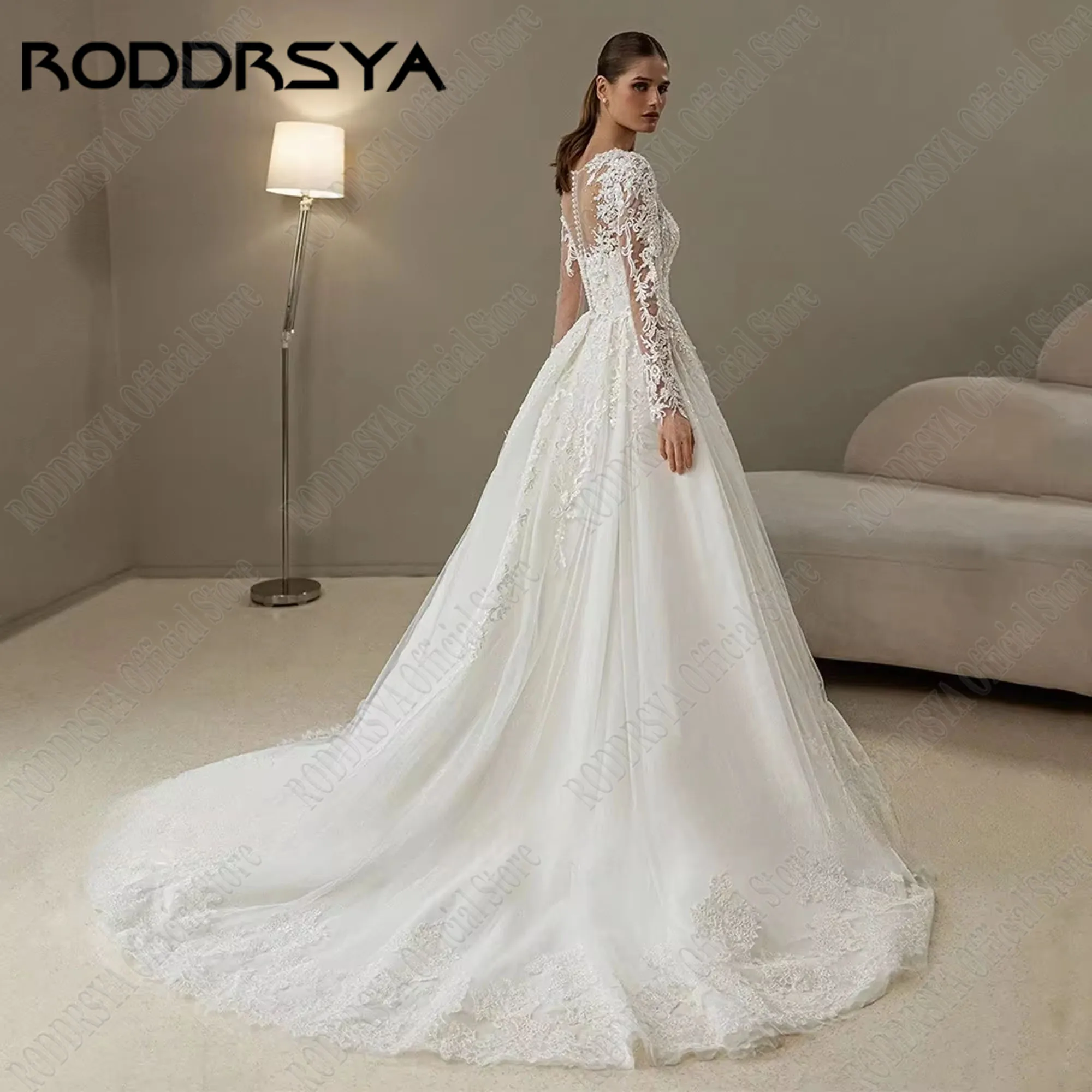 RODDRSYA-Vestido De novia De encaje De manga larga, traje De novia De línea a con botones en la espalda, apliques De cuello redondo, tul personalizado, 2025Vestido de novia de encaje de manga larga roddrsya vestido de