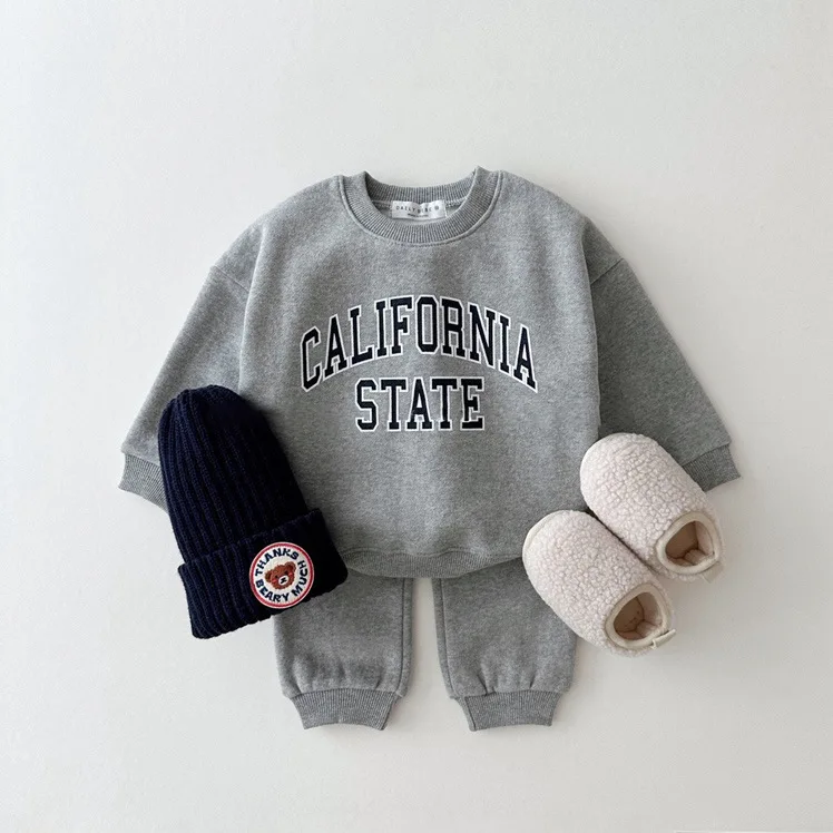 Winter Autumn 2025 New Kids Letter Print Fleece Hoodie + Pants 2-Piece Sets Unisex Thick Warm Tracksuit for Boys Girls 1-7 Years 5