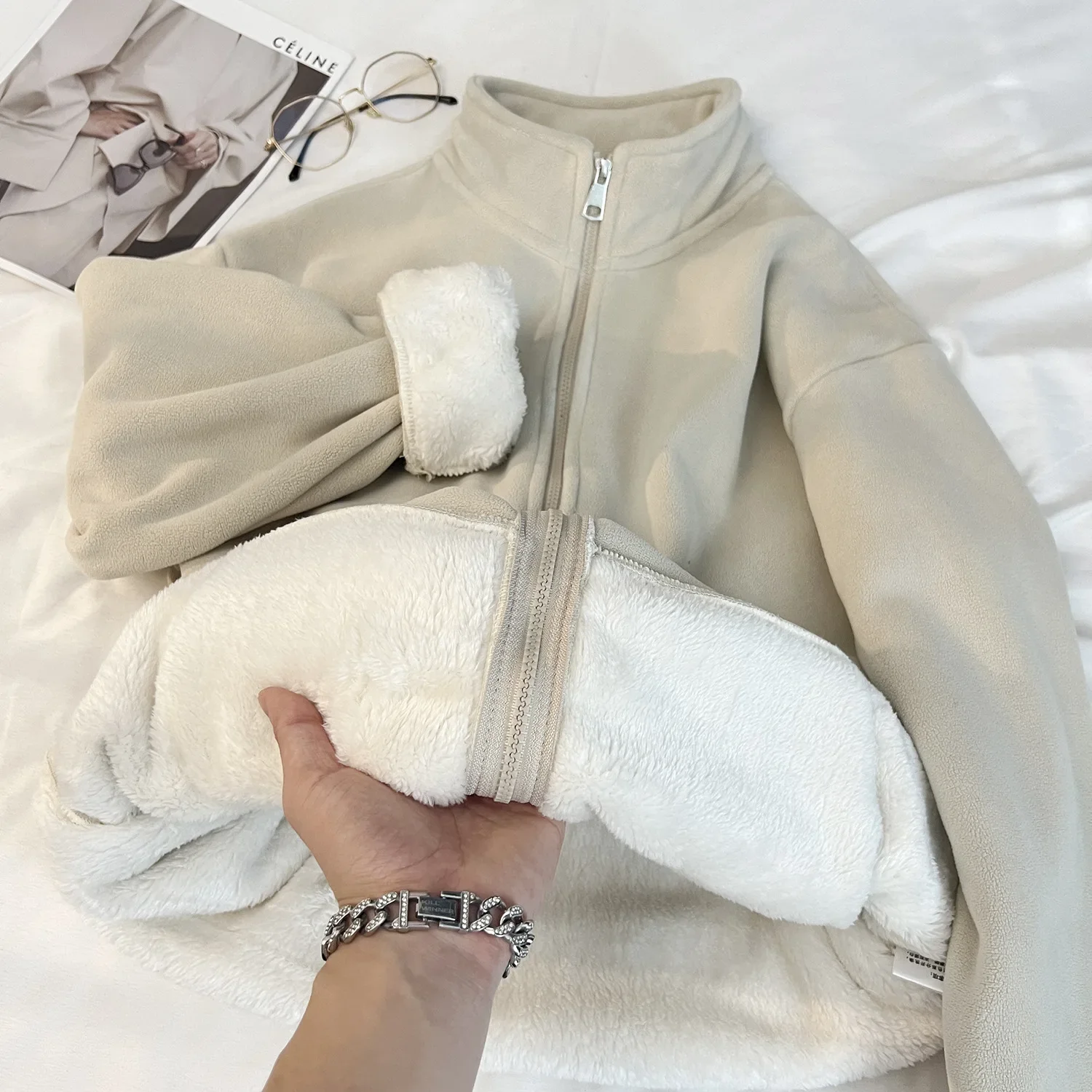 المرأة على الوجهين سترة مبطنة بالصوف القطبية كنزة صوف هوديي شتاء دافئ ملابس خارجية لينة مريحة ملابس الشارع الشهير غير رسمية #3