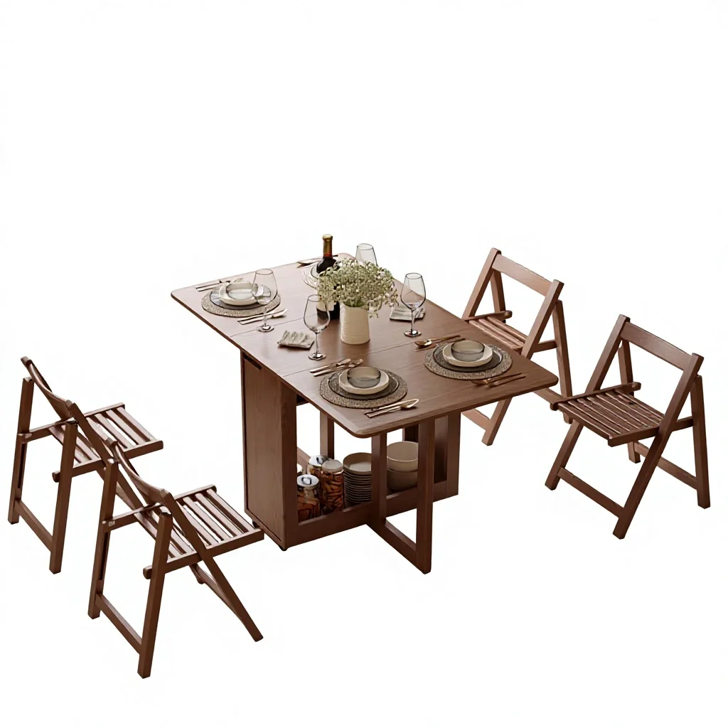 US Stock Modern Folding Dining Table Set 4-Foldable Chairs Space-Saving Extendable Solid Wood Drop Leaf Home Furniture ZDCZ006
