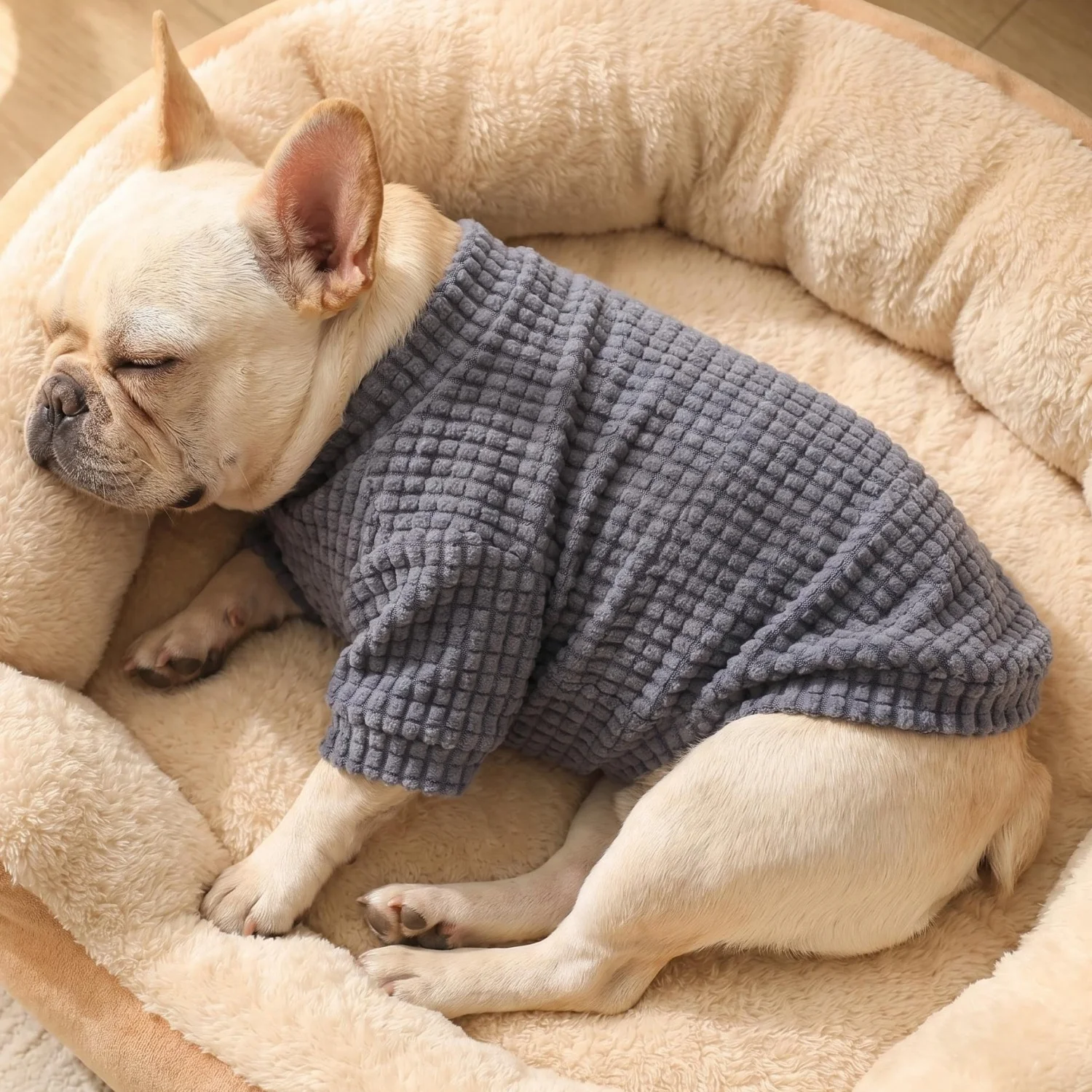 Marineblauer Waffelstrick-Hundepullover - Warme, weiche Haustierkleidung für mittelgroße und kleine Rassen wie die Französische Bulldogge – Detail 2