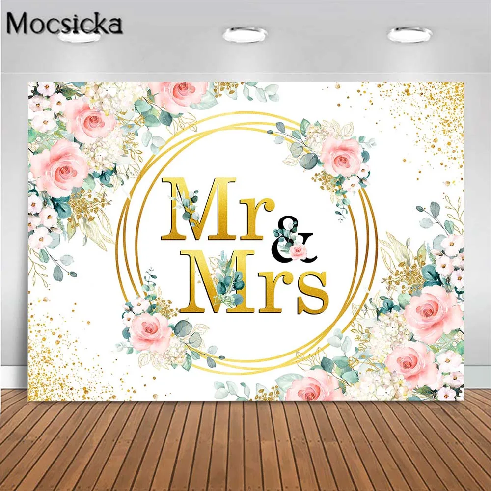 

Mocsicka Mr & Mrs Photo Background for Wedding Ceremony Decor Bride and Groom Gold Circle Pink Flower Photography Backdrop Props