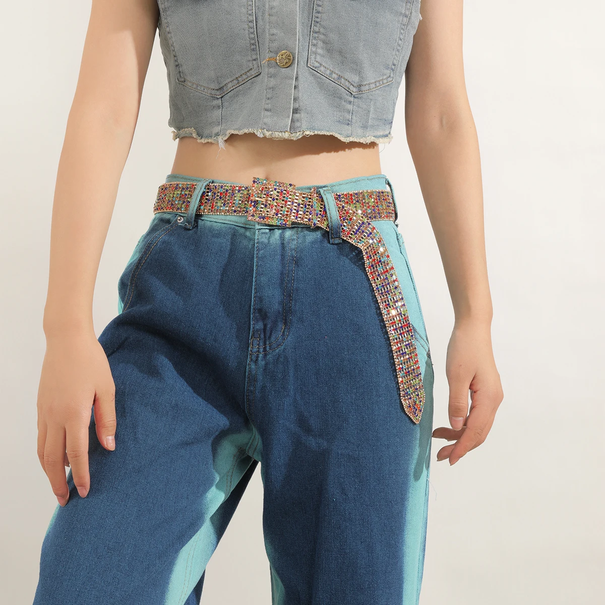 Fashion Waist 8 Rows Gold Plated with Colorful Rhinestones Decor Women`s Chain Belts