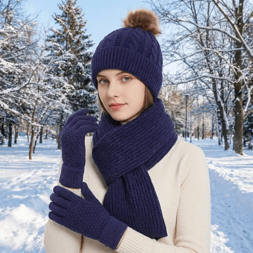 3Pcs/Set Simple Cold Proof Scarf Hat Gloves Set Elastic Warmer Mittens Woolen Hat Thickened Plush Ball Knitted Scarf Daily