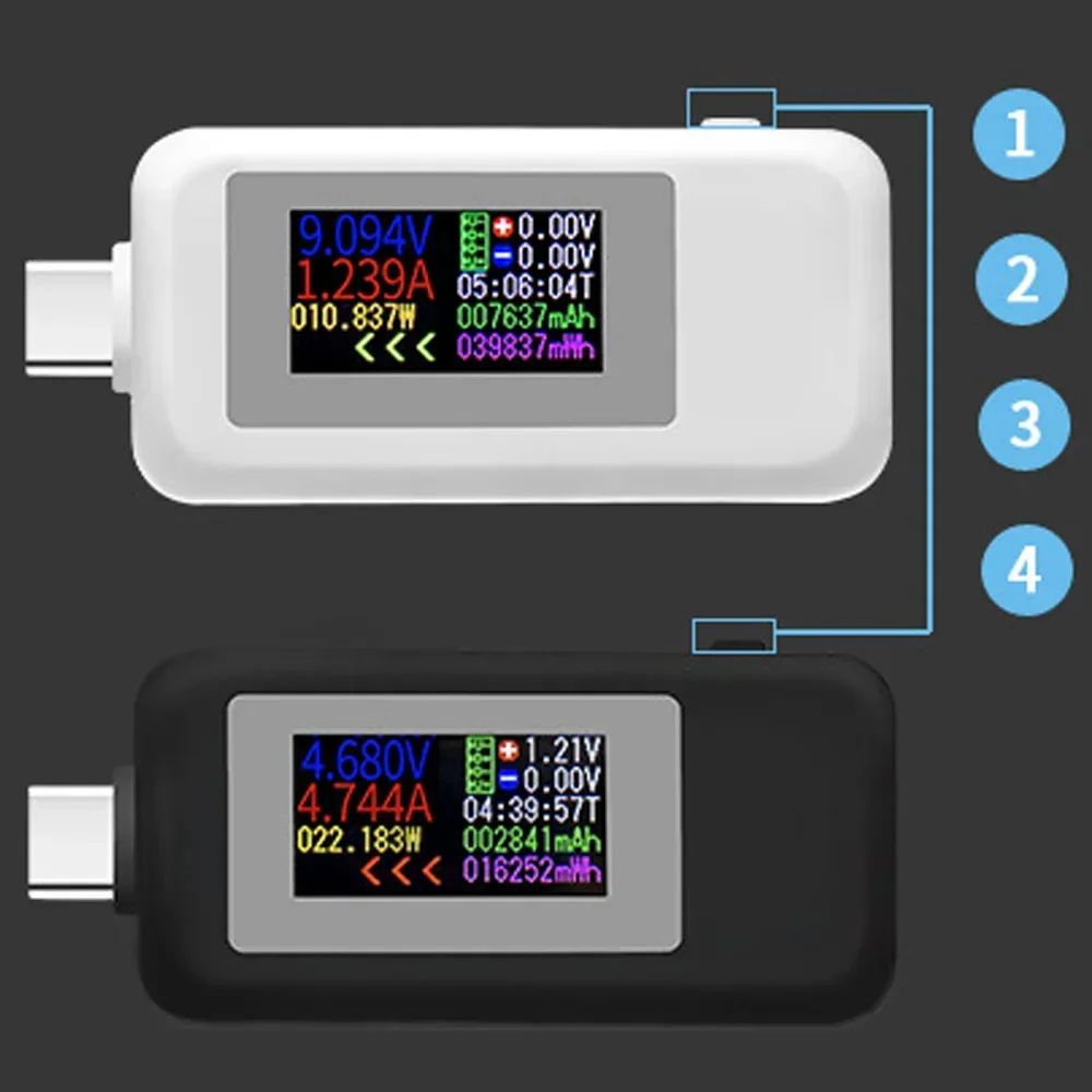 Probador USB tipo C, de 4 dígitos Monitor a Color, voltímetro de 4-30V, Detector de corriente, Compatible con QC2.0/3,0/PD/Samsung, carga rápida