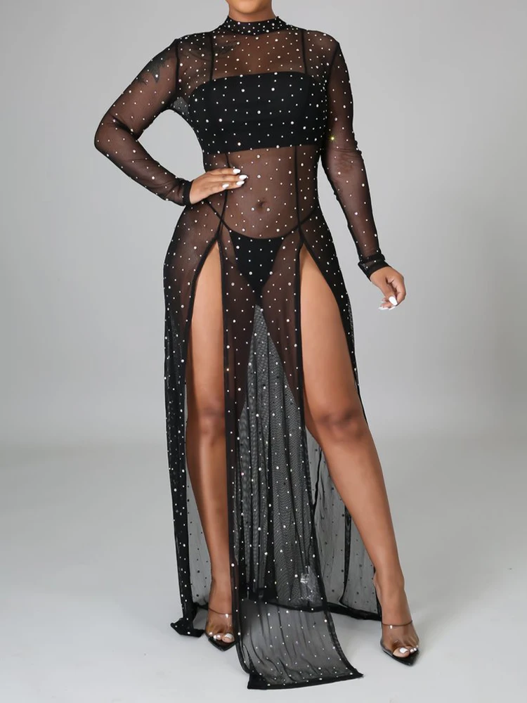 

Sexy Resort Beach Mesh Dress Black White Elastic Round Collar Long Sleeves Sparkling Sequins See Through Basic Slit Long Dresses