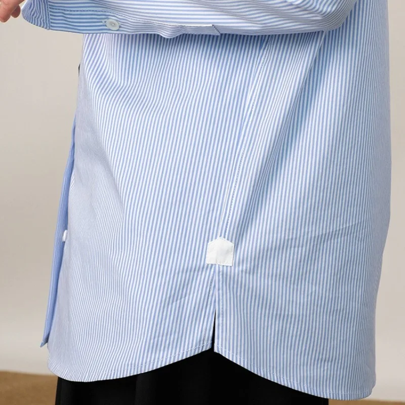 春夏コットンルーズフェイクツーピース青と白のストライプのコントラストシャツ絶妙なデザイン長袖トップ