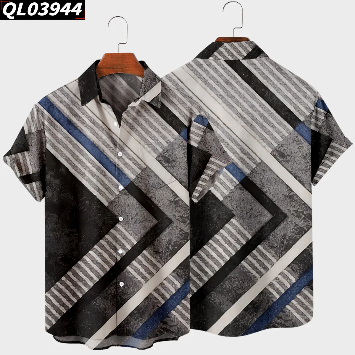 

New Men's Shirts Casual Retro Vintage Right Angle Pattern Short Sleeve Button Up Pocket Shirts