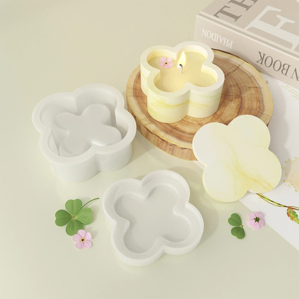 S0141 DIY Four Leaf Clover Plaster Candle Jar Silicone Mold Heart Jewelry Storage Box Resin Molds With Lid For Decoration Crafts