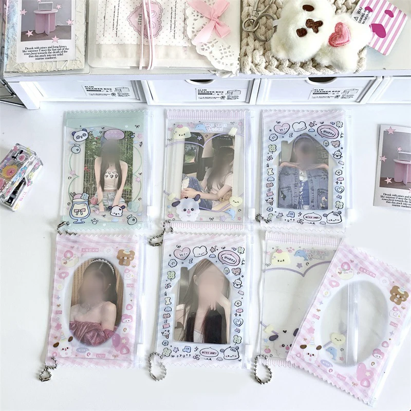 

3-inch Cartoon Print Card Storage Holder Transparent Doll Bag With Chain Small Card Bags Korean Style Card Holder Bag Pendant