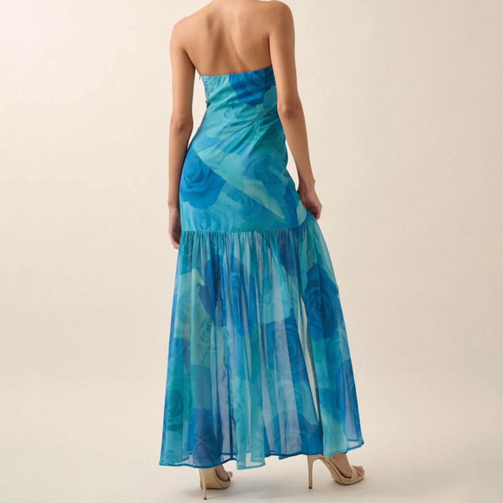 Women Strapless Rose Tube Top Dress Slim High Split Off Shoulder Sleeveless Backless Long Dress for Party Club